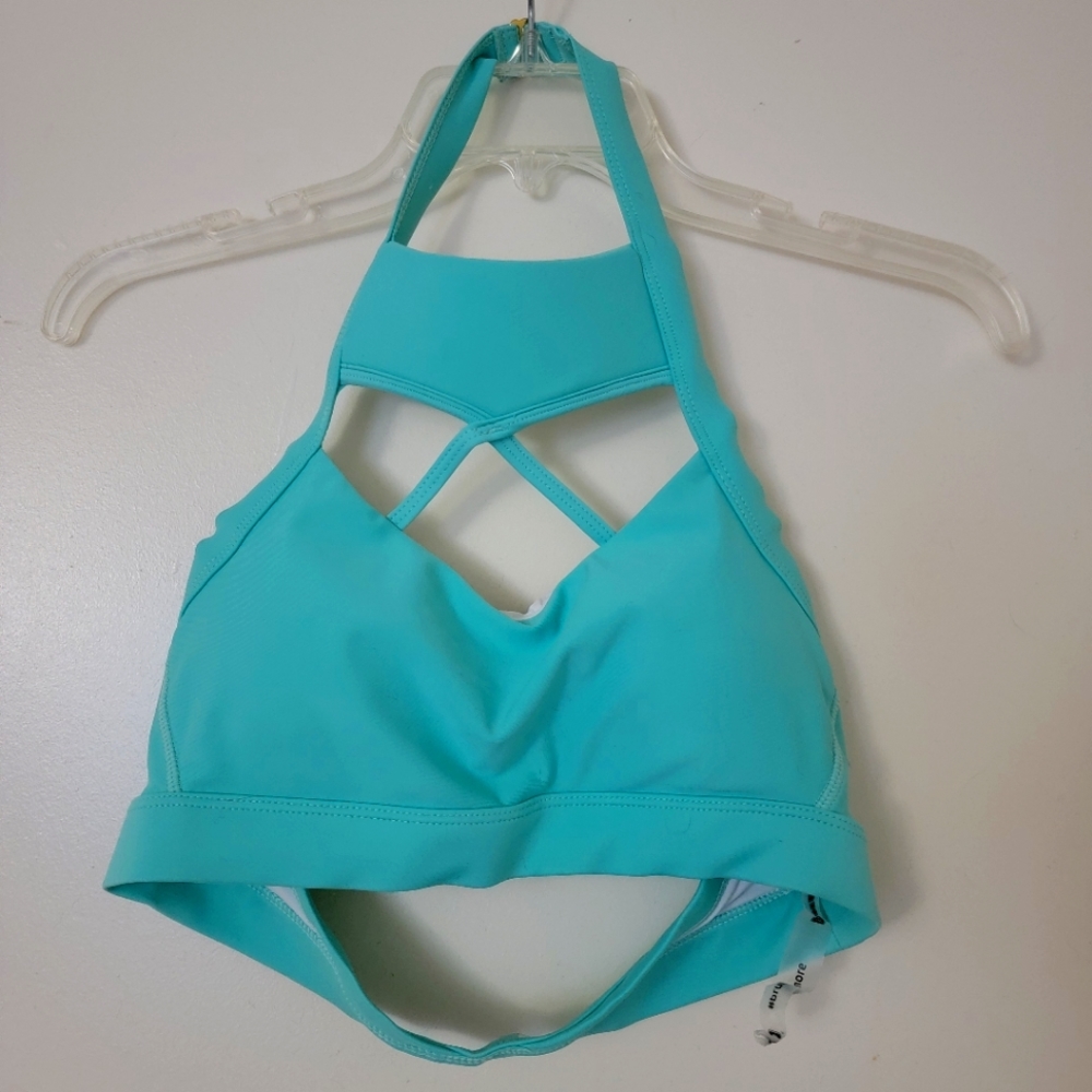 Chestee Teal Halter Top Sports Bra with padded collarbone, size 8